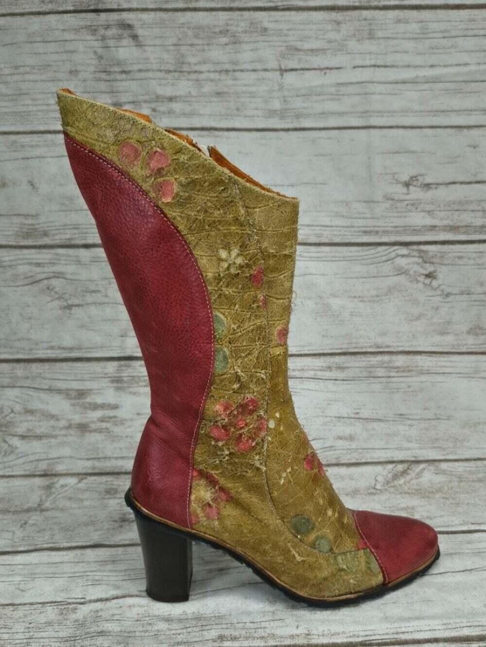 Eject Red & Gold Embroidered Leather Knee High Boots Size 38